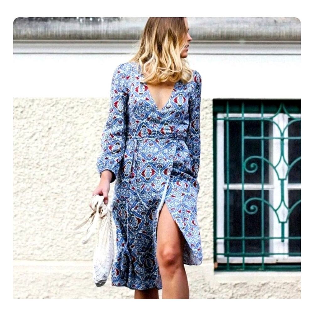 Zara Woman Jacquard Floral Artisan Puff Sleeve Rayon Wrap Dress